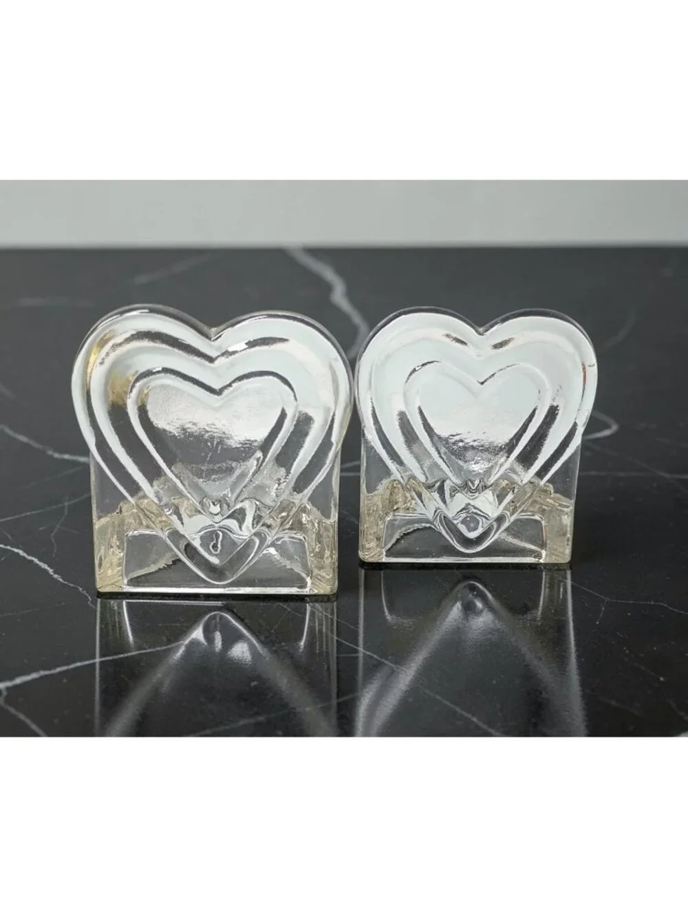 Clear Glass Pair Heart Tealight Candle Holders Embossed Love